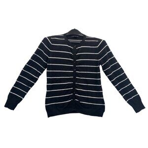 August Silk Womens Sweater Sz M Petite Black Striped Classic Preppy Lightwt